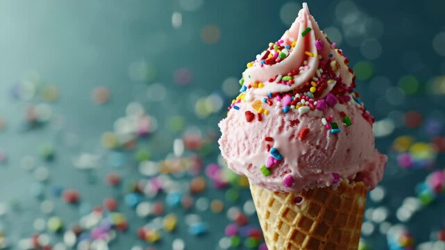 A single ice cream cone drizzled with a sprinkle-covered frosting and colorful candies.