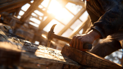 Building with Precision: A skilled craftsman, illuminated by the sun's rays, meticulously hammers a nail into place on a timber, showcasing dedication and craftsmanship.