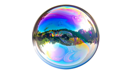 A vibrant, iridescent soap bubble floats, reflecting a landscape, on a stark black background