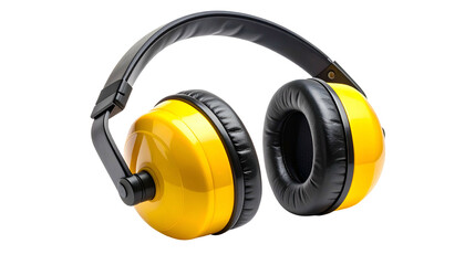 Naklejka premium Overhead safety headphones with yellow earcups and black padding, isolated on white