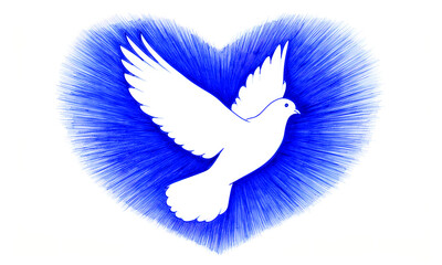Obraz premium White dove with open wings flying in blue scribbled heart symbol of peace and love.