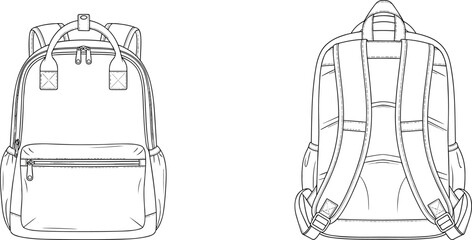 Line of backpack front and back line black and white straps zippers © Olaja Vector Vision