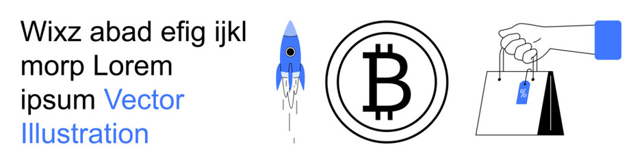 Cryptocurrency, digital payments, e-commerce, innovation, financial technology, blockchain. Bitcoin symbol, shopping bag with price tag rocket launch hand making a transaction. Cryptocurrency