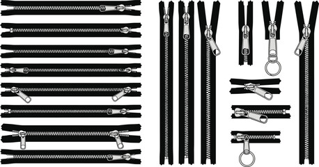 Black and white of zippers in various states zipper parts metal zippers zipper pulls © Riyaj Vector Valley