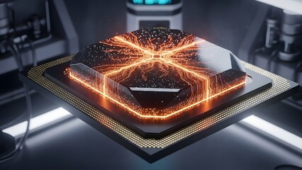 Microchip with Glowing Orange Neural Circuits and Digital Data Flow on a High-Tech Hardware Motherboard for AI and Supercomputing