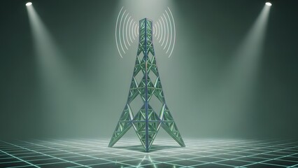 Communication Tower Transmitting Signal Waves on a Digital Grid Background with Spotlight Effects
