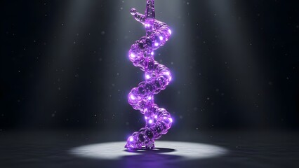 Glowing Abstract DNA Helix with Neon Purple Fluid Particles on Dark Background 3D Illustration