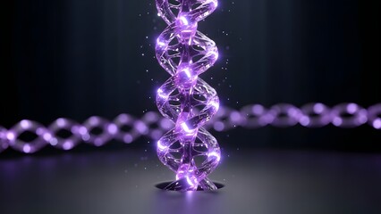 Glowing DNA Double Helix with Purple Neon Lights and Particle Effects on Dark Backdrop