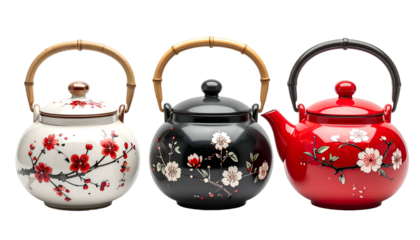 Three ornamental teapots in red, black and white with cherry blossom accents and bamboo handles