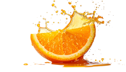A slice of vibrant orange fruit with juice bursting out and splashing onto the surface