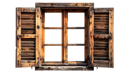 Weathered wooden window with shutters open, set against a black background