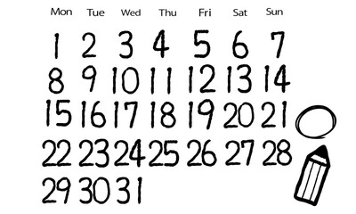 月曜から日曜のカレンダーに使える手描きの数字セット