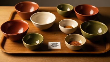 Warm toned ceramic bowls holding spices on a wooden tray
