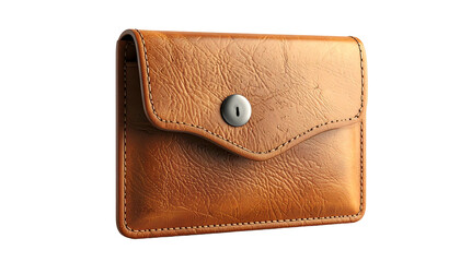Close-up of a textured, tan leather wallet with a button closure, isolated on black