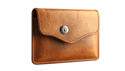 Close-up of a textured, tan leather wallet with a button closure, isolated on black