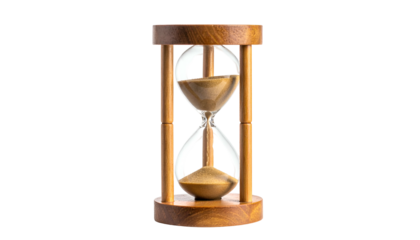 A detailed image of an hourglass made of wood and glass, isolated on a black background