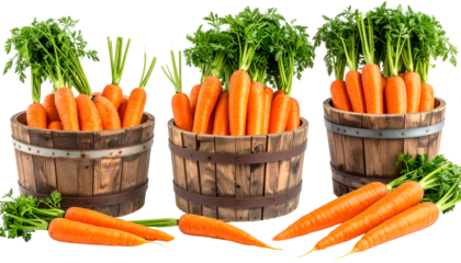 Three wooden barrels brimming with vibrant orange carrots, green tops, some loose