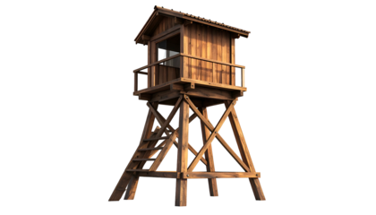 A tall, wooden watchtower with a small cabin, stairs, and supporting beams stands alone