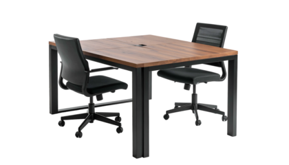 Modern office setup with a wooden square table and two black swivel chairs