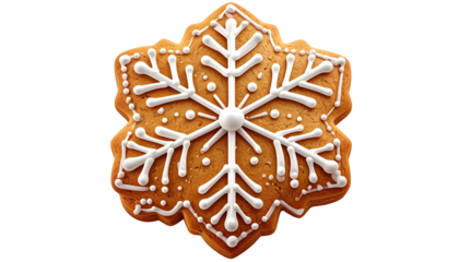 A festive gingerbread cookie shaped like a snowflake, with white icing details, on black