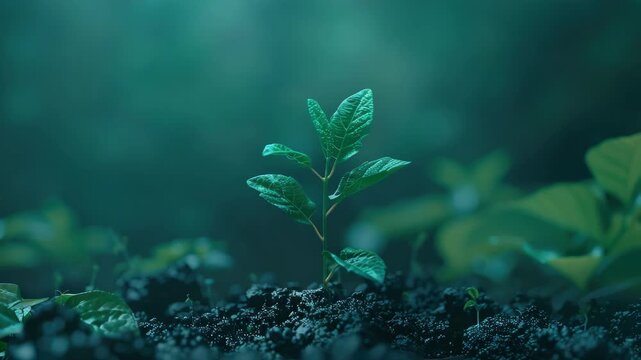 A delicate plant sprout emerging in a verdant forest setting, with moist earthy tones that emphasize its early growth.