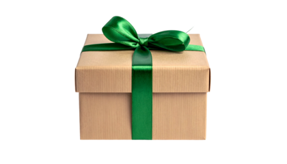 A neatly wrapped gift box with a green satin ribbon and bow against a black backdrop