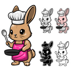 Charming Chef Bunny Vector Illustrations Set Collections, complete with Isolated Cartoon Sticker designs, versatile Lineart and Outline options, provided in a high-quality EPS file for various uses.