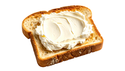 Toasted bread slice with a generous layer of creamy white spread on a black backdrop