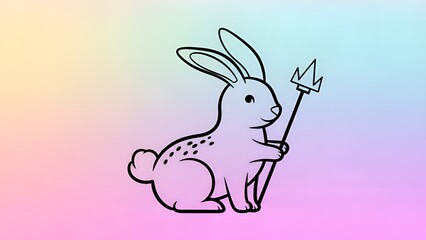 Obraz premium Cute rabbit holding a trident on pastel gradient background