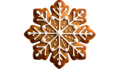 Overhead shot of a festive, gingerbread snowflake cookie with white icing on a black background