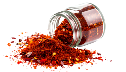 Red chili flakes and powder spill from a glass jar, isolated on a black background