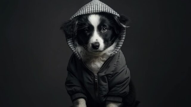 Puppy in a black jacket with hood, sitting against dark background.
