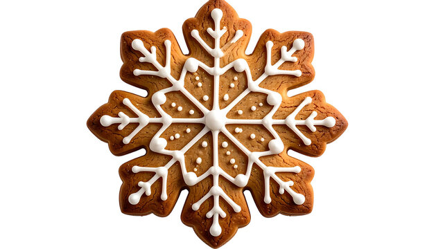 Overhead shot of a festive, gingerbread snowflake cookie with white icing on a black background