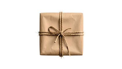 Square package wrapped in brown paper, tied with twine, isolated on a black background