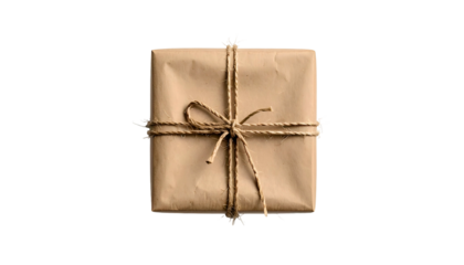 Square package wrapped in brown paper, tied with twine, isolated on a black background