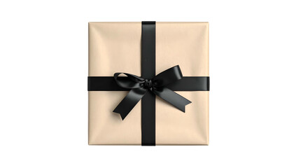 Overhead shot of a present wrapped in tan paper with a black ribbon in a bow