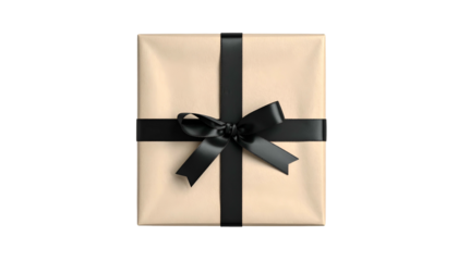 Overhead shot of a present wrapped in tan paper with a black ribbon in a bow