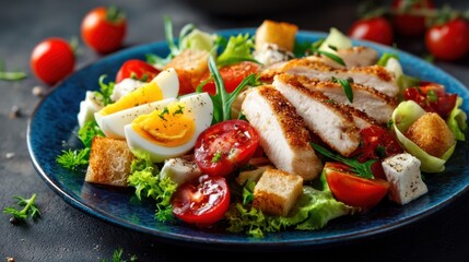 A vibrant and healthy grilled chicken salad featuring cherry tomatoes, hard-boiled eggs, crunchy croutons, and fresh greens. Perfect for a nutritious and delicious meal.