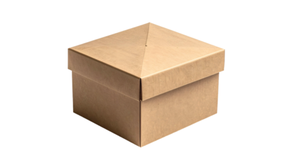 A square cardboard box, light brown with a matching lid, isolated on black