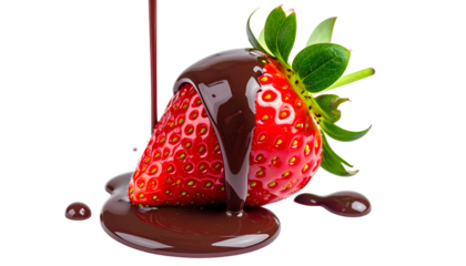 A ripe strawberry is doused in rich, flowing, dark chocolate against a black background