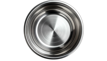 Overhead view of a circular, metallic bowl with concentric rings, glossy finish, and dark background