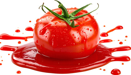 A fresh tomato, dripping with a red, viscous liquid, and a few water droplets