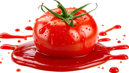 A fresh tomato, dripping with a red, viscous liquid, and a few water droplets