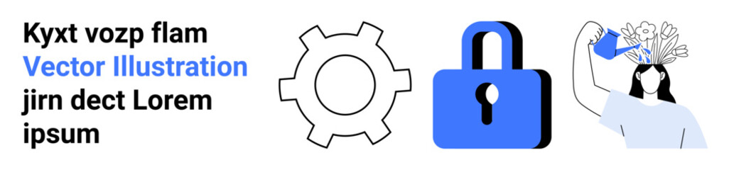 Gear symbolizing mechanisms, lock denoting security, and a woman watering flowers on her head representing creativity and growth. Ideal for innovation, security, creativity, problem-solving © robu_s