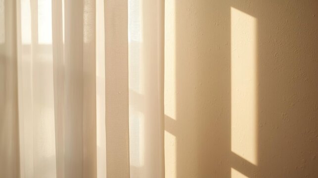 Tranquil Cloud Dancer 2026 interior scene with golden morning light filtering through neutral curtains, casting soft shadows on beige wall. Perfect for home decor, wellness, and lifestyle brands.