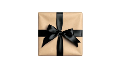 Isolated square gift wrapped in brown paper with a black satin ribbon bow