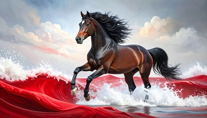  Majestic horse gallops through water with flowing mane 