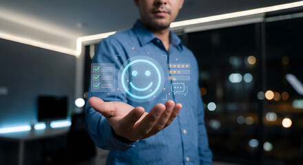 man holding virtual smiley face in hand