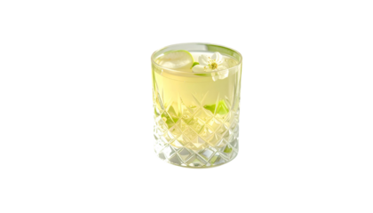 A vibrant cocktail in a patterned glass with citrus, ice, and floral garnish