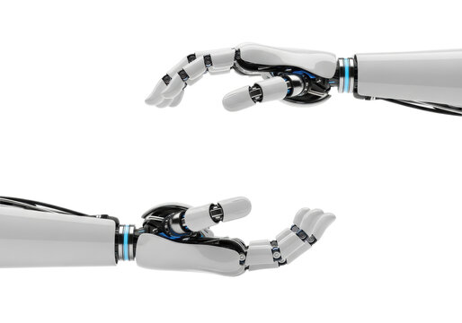 futuristic matte white android hands, articulated with blue light accents, delicately cupping an invisible object, isolated macro shot on a high-key white background. concept of artificial